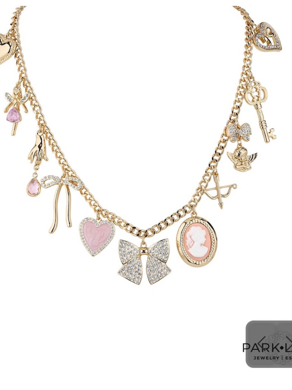 Park Lane Gold and Pink Charm Necklace with Cameo and Crystal Bow